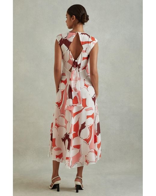 Reiss Becci - Red Printed Open Back Midi Dress