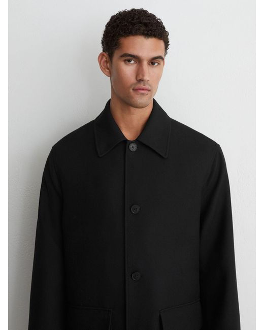 Reiss Black Wool-Blend Twill Single-Breasted Overcoat for men