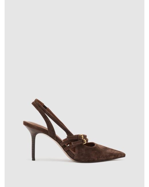 Reiss Brown Suede Buckle-Strap Court Shoes