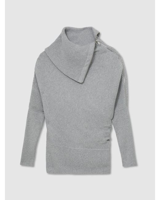 Reiss Gray Asymmetric Zip-Neck Rib-Knit Jumper