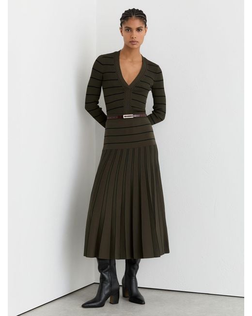 Reiss Blue Khaki & Knitted Stripe Pleated Midi Skirt