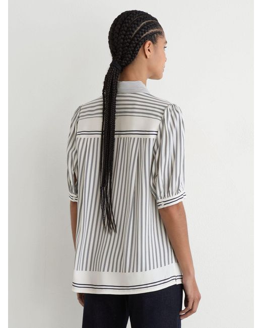 Reiss White Striped Ruffle-Trim Tie-Neck Blouse
