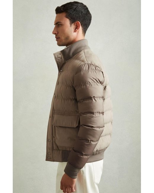 Reiss Brown Patch-Pocket Quilted-Alcantara Jacket for men