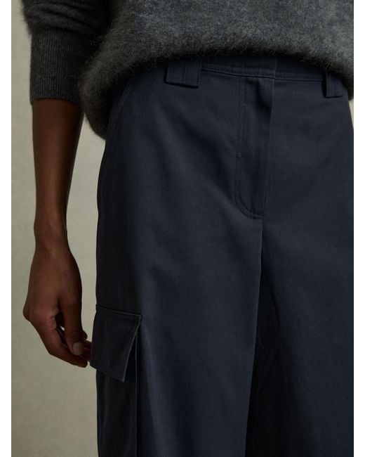 Reiss Blue Cotton-Tencel Wide-Leg Combat Trousers
