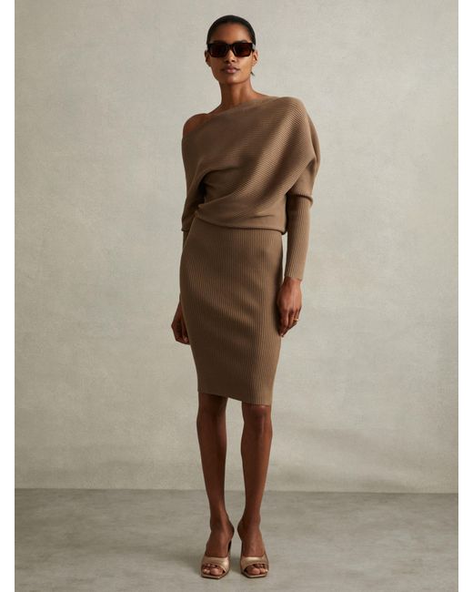 Reiss Multicolor Lara - Mink Off-the-shoulder Ribbed Midi Dress, L (us 12-14)