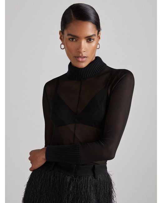 Reiss Amber - Black Atelier Sheer-jersey Funnel-neck Top, Us 10