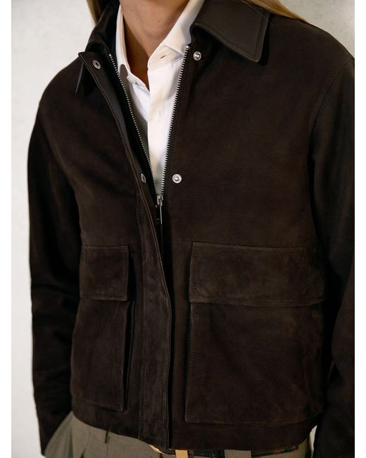 Reiss Black Leather-Collar Suede Jacket