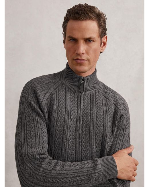 Reiss Gray Cable-Knit Half-Zip Jumper With Wool for men