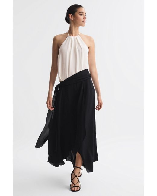 Reiss White Natalia - Cream/black Asymmetric Belted Wrap Midi Dress, Us 0