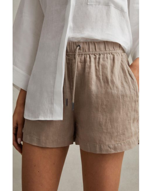Reiss Multicolor Cleo - Mink Neutral Linen Garment Dyed Drawstring Shorts
