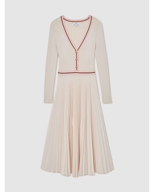 Reiss Natural Rib-Knit Stripe-Trim Pleated Midi Dress