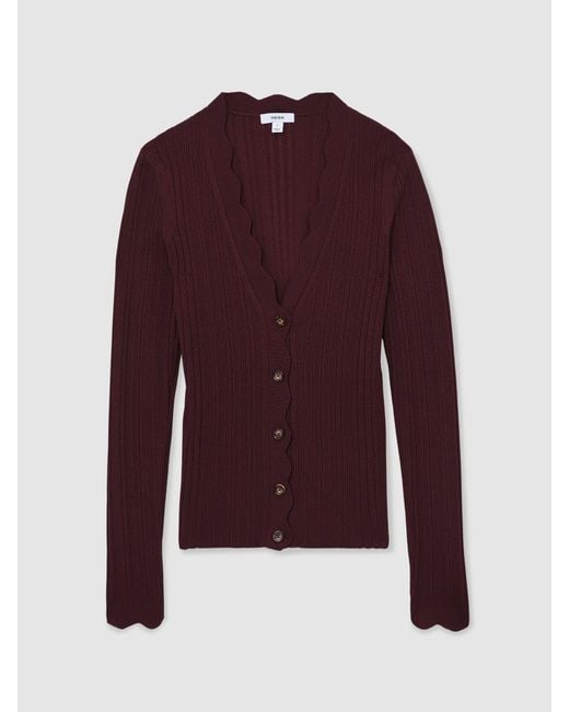 Reiss Red Rib-Knit Scallop-Trim Cardigan