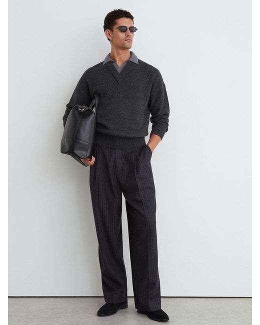 Reiss Black Wool V-Neck Contrast-Collar Jumper for men