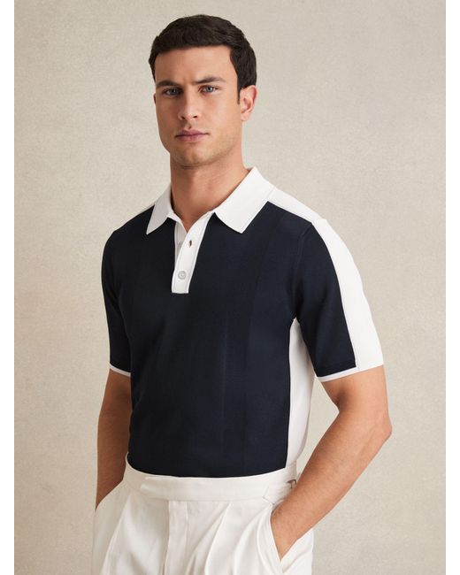 Reiss Blue Colour-Block Knit Polo Shirt for men