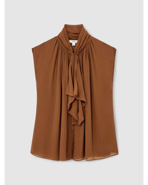 Reiss Brown Crepe-Chiffon Ruffle Sleeveless Top
