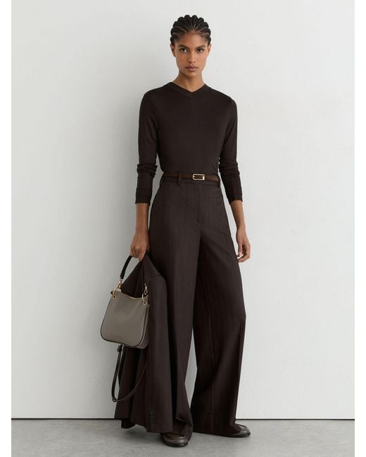 Reiss Black High V-Neck Long-Sleeve Top