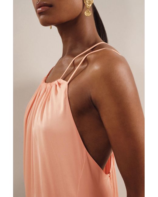 Reiss Brown Tallie - Peach Petite Satin Halterneck Maxi Dress, Us 10