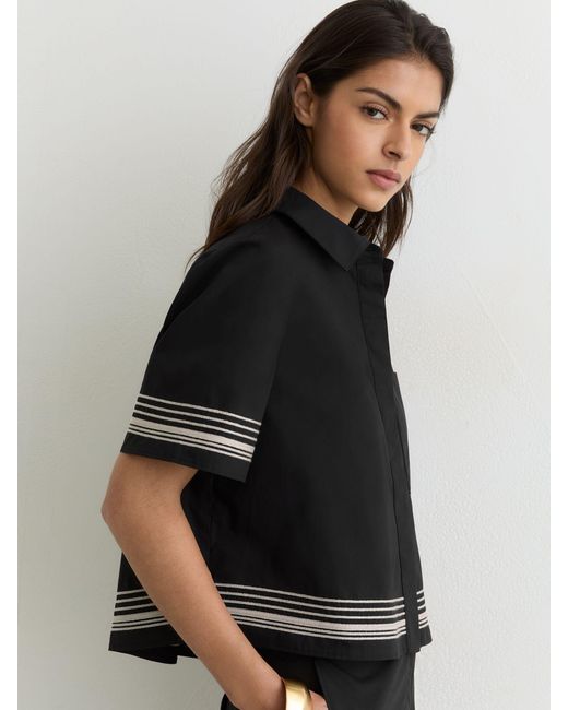 Reiss Cat - Black/ivory Cotton Stripe-detail Boxy Shirt, Us 10