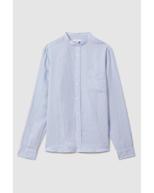Reiss Gray Ocean - Light Blue Linen Grandad Collar Shirt for men
