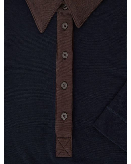 Reiss Blue Chocolate Colour-Block Half-Button Top With Wool