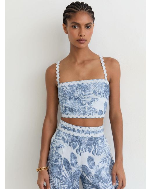 Reiss Mila - Blue Linen Wave-trim Cropped Cami Top, Us 0