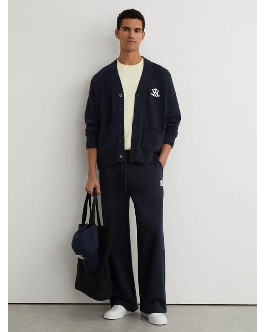 Reiss Blue Monogram-Embroidered Relaxed Cardigan for men