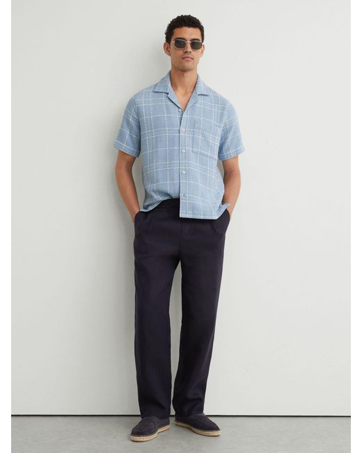 Reiss Blue Soft & Textured Check Cuban-Collar Shirt With Cotton for men