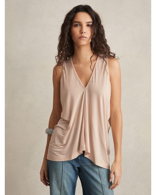 Reiss Natural Draped V-Neck Sleeveless Top