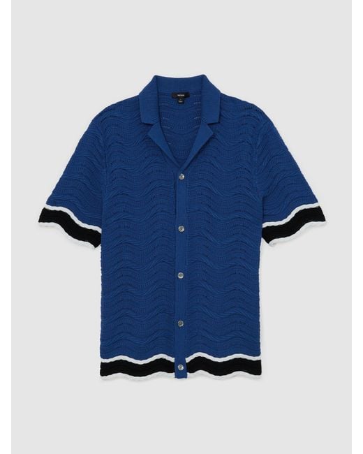 Reiss Blue Cotton-Blend Wave-Knit Tipped Shirt for men