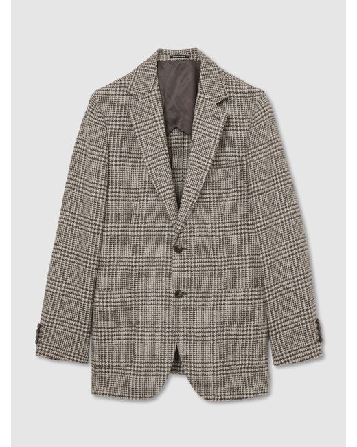 Reiss Brown Wool-Blend Houndstooth Single-Breasted Blazer Classic-Fit for men
