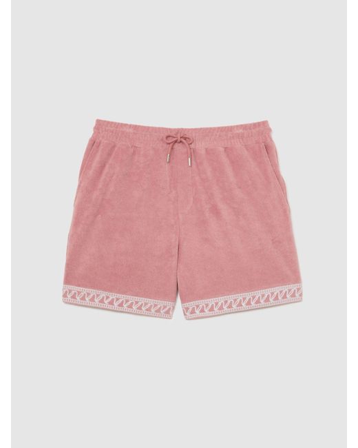 Reiss Yuma - Soft Pink Cotton-blend Towelling Embroidered Shorts, M for men