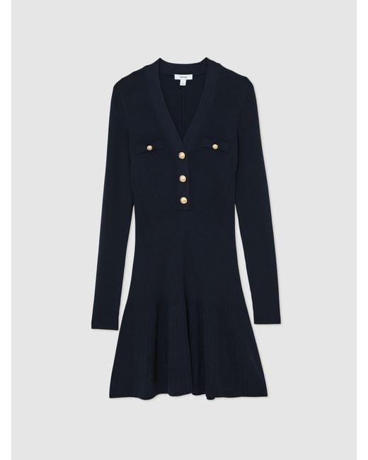 Reiss Blue Knitted Button-Detail Mini Dress