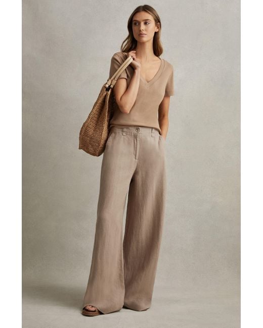 Reiss Brown Demi - Mink Neutral Linen Wide Leg Garment Dyed Trousers, Uk 8 R