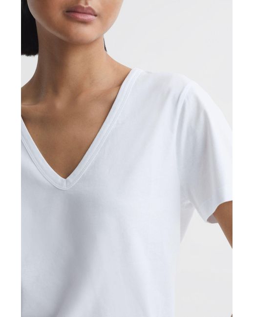 Reiss White Bailey - Ivory Cotton V-neck T-shirt, L