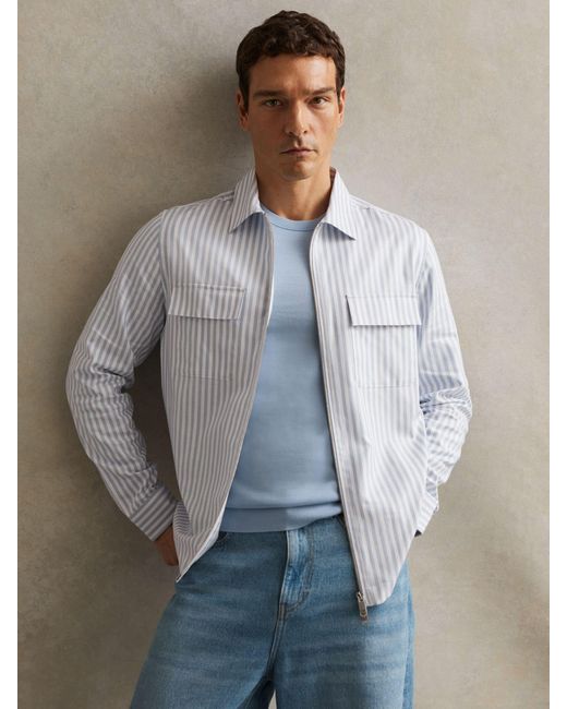 Reiss Palina - White/soft Blue Cotton Stripe Zip-through Shirt, Xl for men