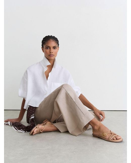 Reiss Natural Linen Ladder-Embroidery Wide-Leg Trousers