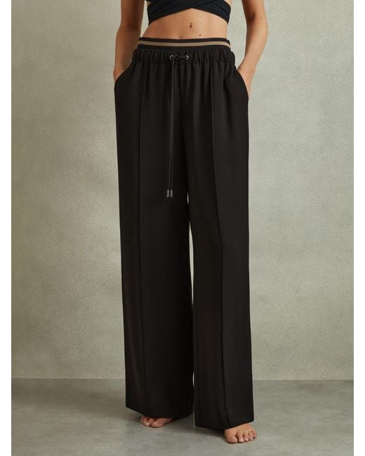 Reiss Black Waistband Detail Wide Leg Trousers