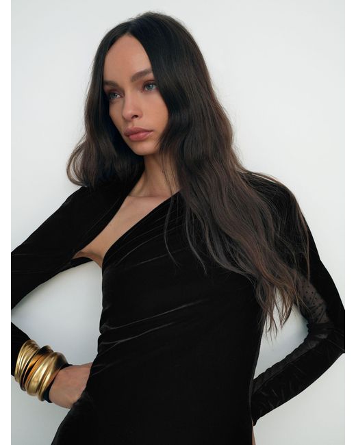 Reiss Black Velvet Sheer-Panel Cut-Out Midi Dress