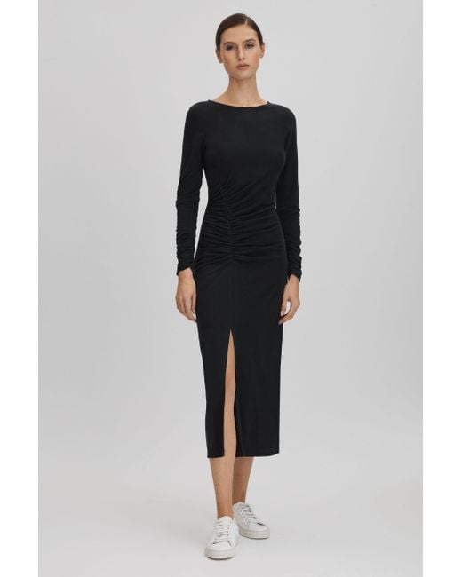 Reiss Black Lana - Charcoal Ruched Jersey Midi Dress