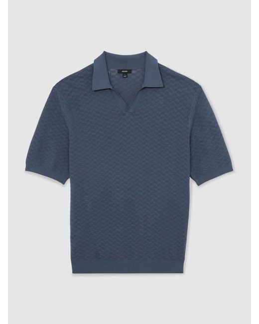 Reiss Blue Textured-Knit Open-Collar Polo Shirt for men