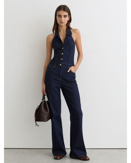 Reiss Blue Denim Halterneck Flared Jumpsuit