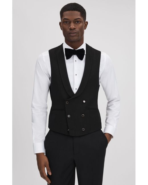 Reiss Titanic - Black Slim Fit Double Breasted Tuxedo Waistcoat for men