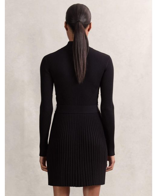 Reiss Vienna - Black Rib-knit Belted Half-zip Flippy Dress, Xs (us 2)