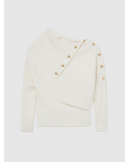Reiss White Lexi - Ivory Rib-knit Button Shawl Jumper, Small (us 4-6)