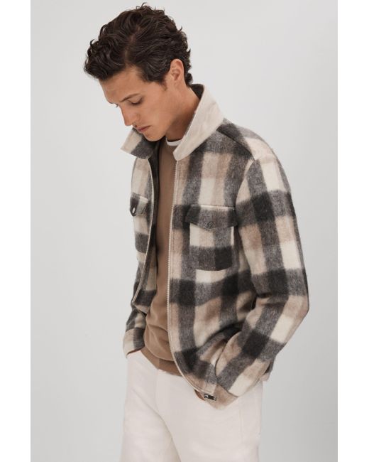 Reiss Brown Stamford - Oatmeal/grey Brushed Check Overshirt for men
