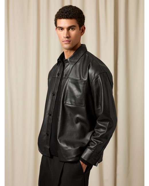 Reiss Black Monogram Embossed Leather Jacket Relaxed-Fit for men