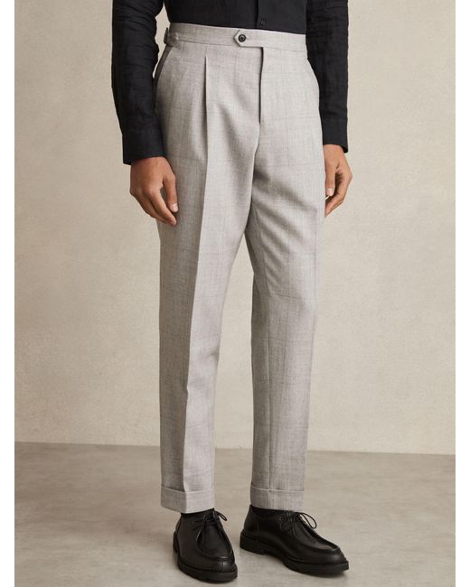 Reiss Natural Wool-Linen Check Tapered Trousers for men