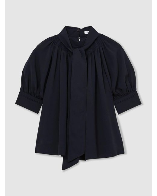Reiss Blue Tie-Neck Short-Sleeve Blouse