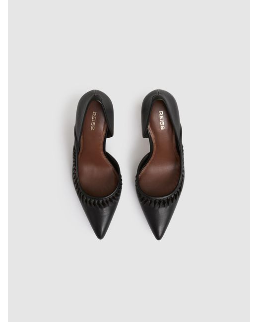 Reiss Black Marlene Leather Twist Detail Court Shoes
