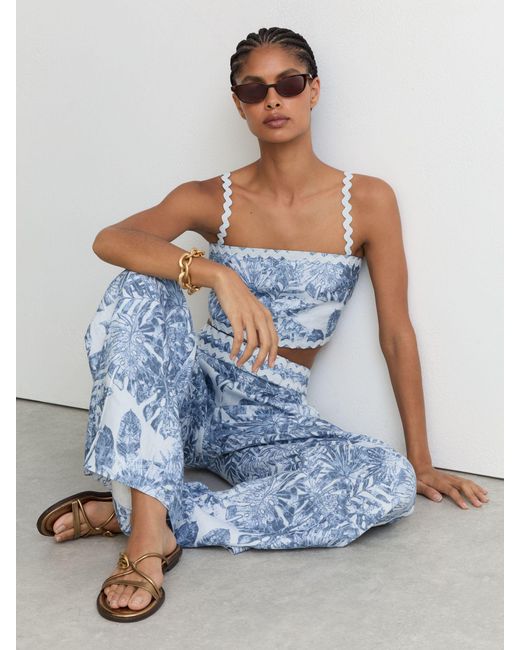 Reiss Mila - Blue Linen Wave-trim Printed Wide-leg Trousers, 18l